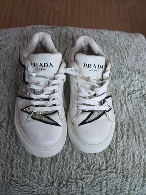 Prada White Leather Sneakers with Silver Glitter and Black Trim